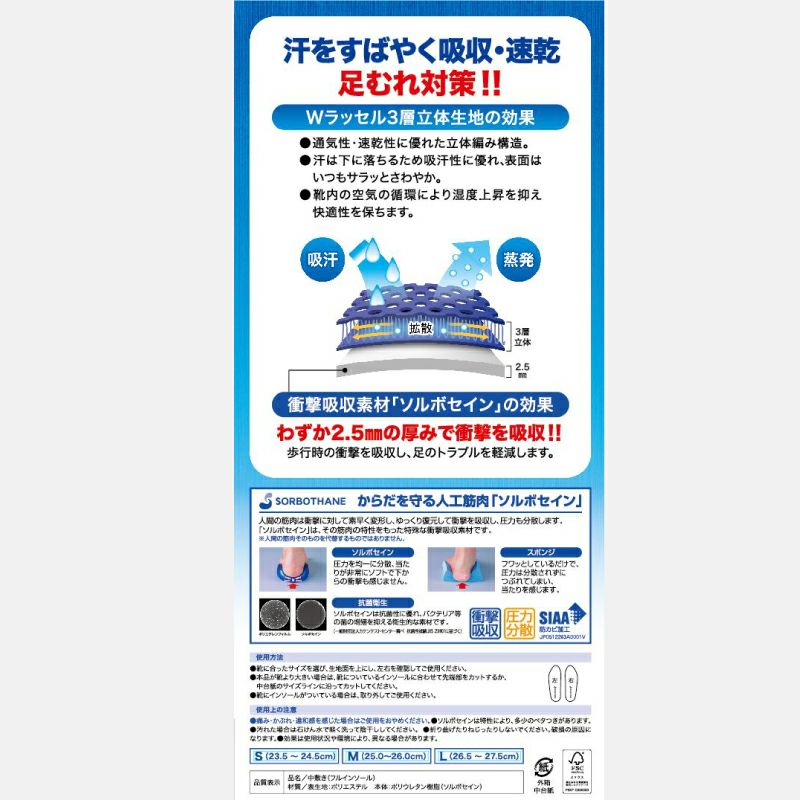 ソルボ衝撃吸収+乾インソール 吸汗・速乾・通気 ブルー